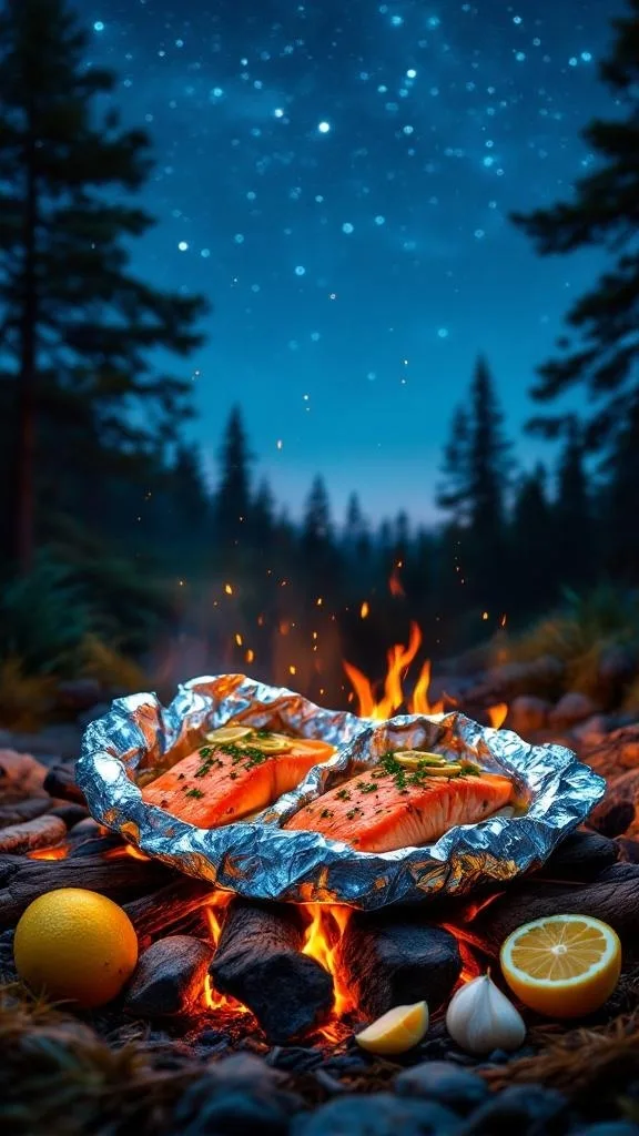 Salmon fillets in foil packs cooking over a campfire with lemon and garlic.