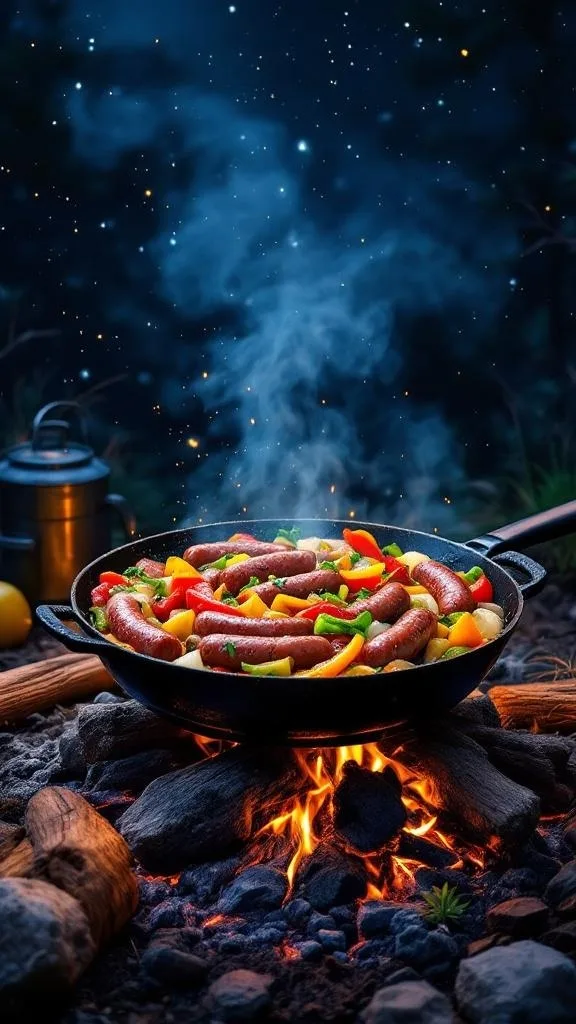 A skillet with sausage, peppers, and onions cooking over a campfire.