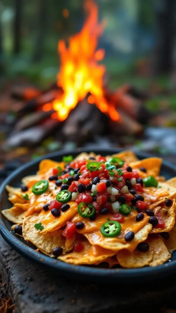 A plate of loaded campfire nachos with cheese, black beans, tomatoes, and jalapeños in front of a campfire.
