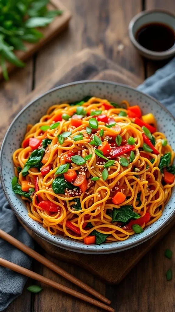 A colorful Vegetable Japchae Stir Fry with sweet potato noodles and fresh vegetables, garnished with sesame seeds and green onions.