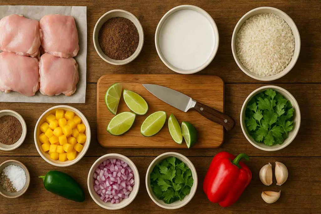 Ingredients for Jerk Chicken Bowls with Mango Salsa and Coconut Rice