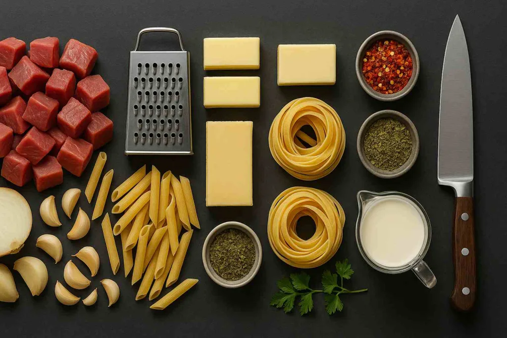 Ingredients of Creamy Garlic Butter Steak and Pasta