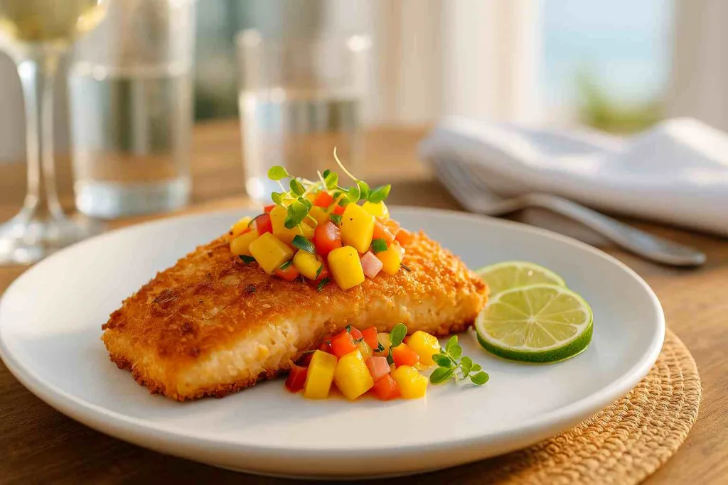 Serving of Coconut Crusted Fish with Mango Salsa