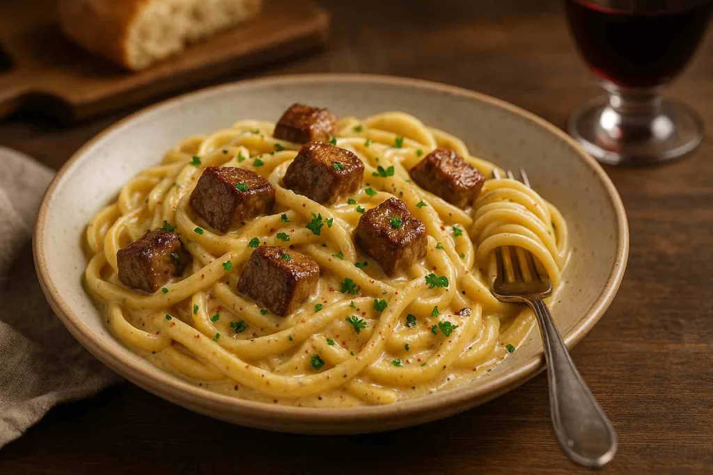 Serving of Creamy Garlic Butter Steak and Pasta