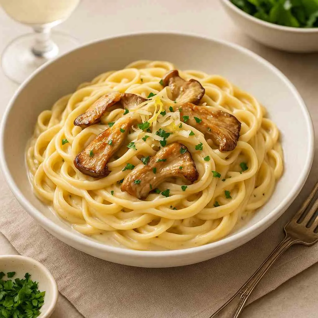 Serving of Creamy Oyster Mushroom Pasta