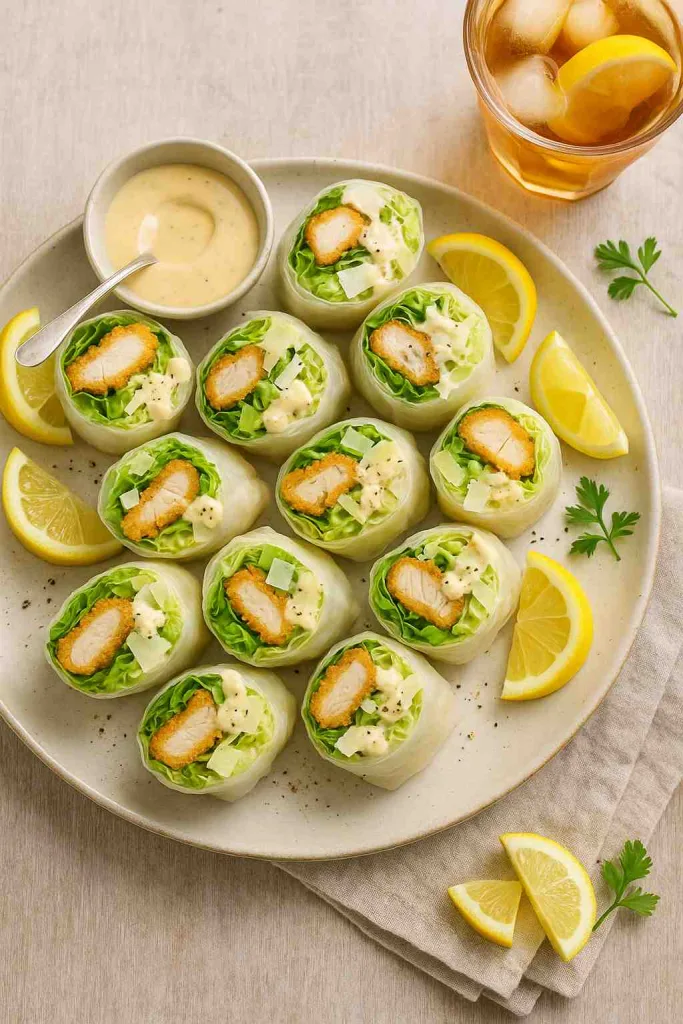 Serving of Crispy Chicken Caesar Salad Rice Paper Rolls