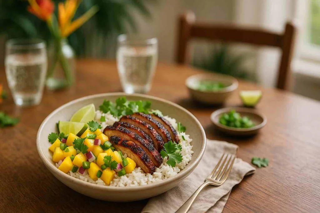 Serving of Jerk Chicken Bowls with Mango Salsa and Coconut Rice