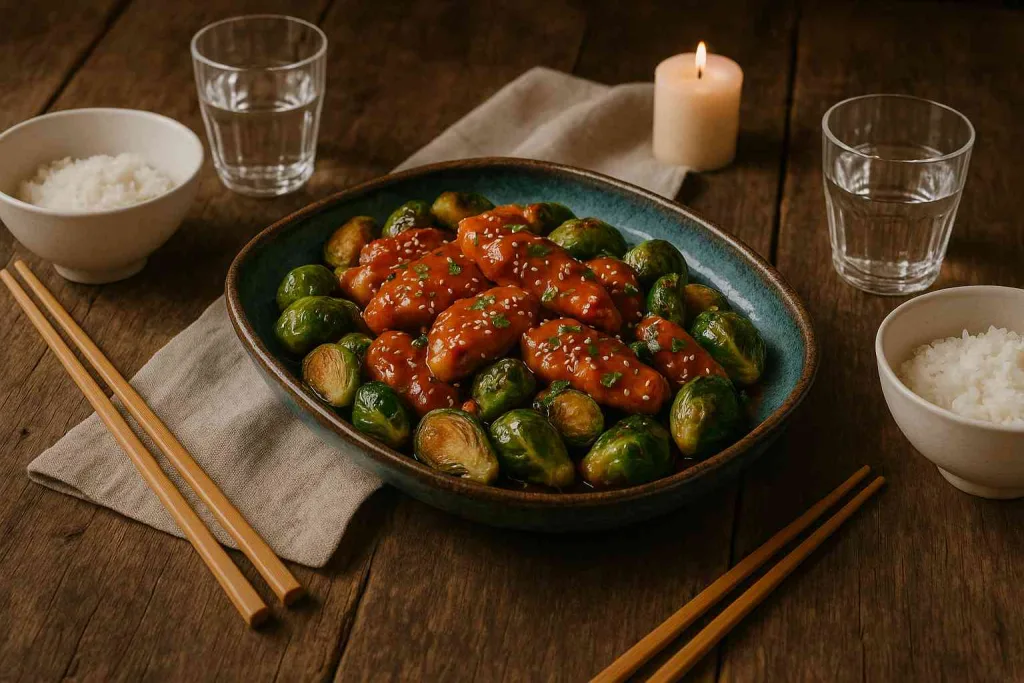 Serving of Sweet Chili Chicken and Brussels Sprouts