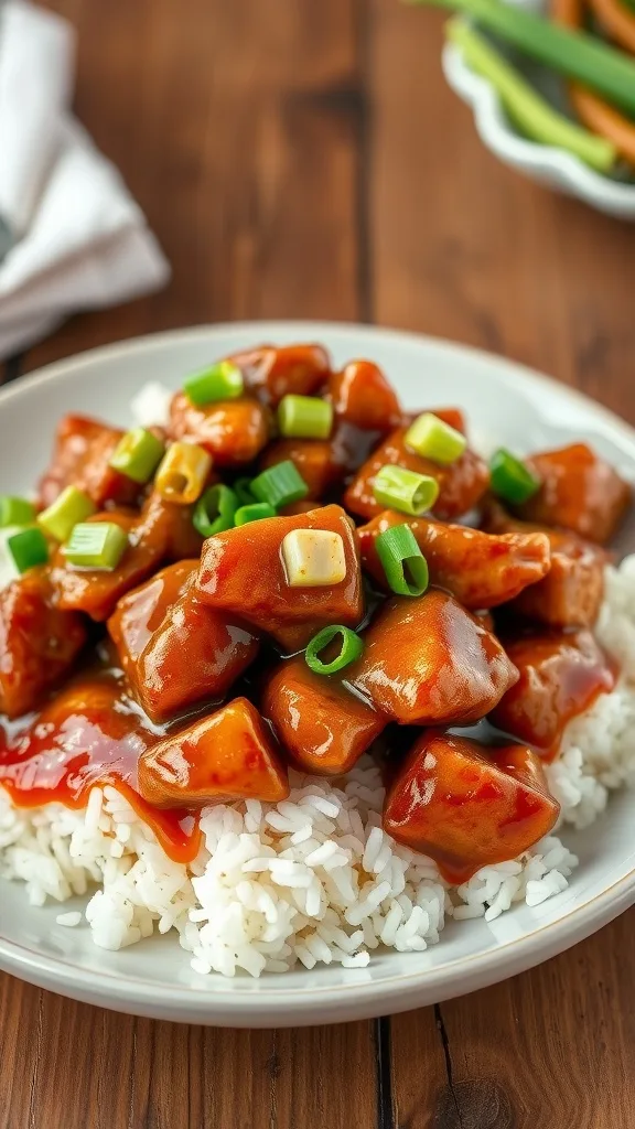 A delicious serving of Chicken in Garlic Sauce with rice and green onion garnish on a wooden table.