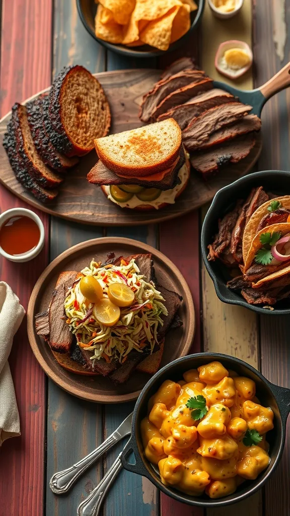 Brisket sandwich with creamy slaw served on rustic bread with garnishes.