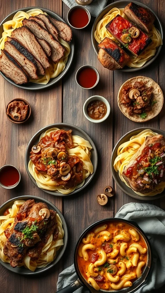 A delicious bowl of brisket and mushroom stroganoff served over egg noodles.
