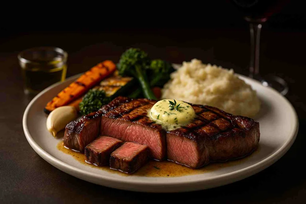 plated presentation of the juiciest New York strip steak