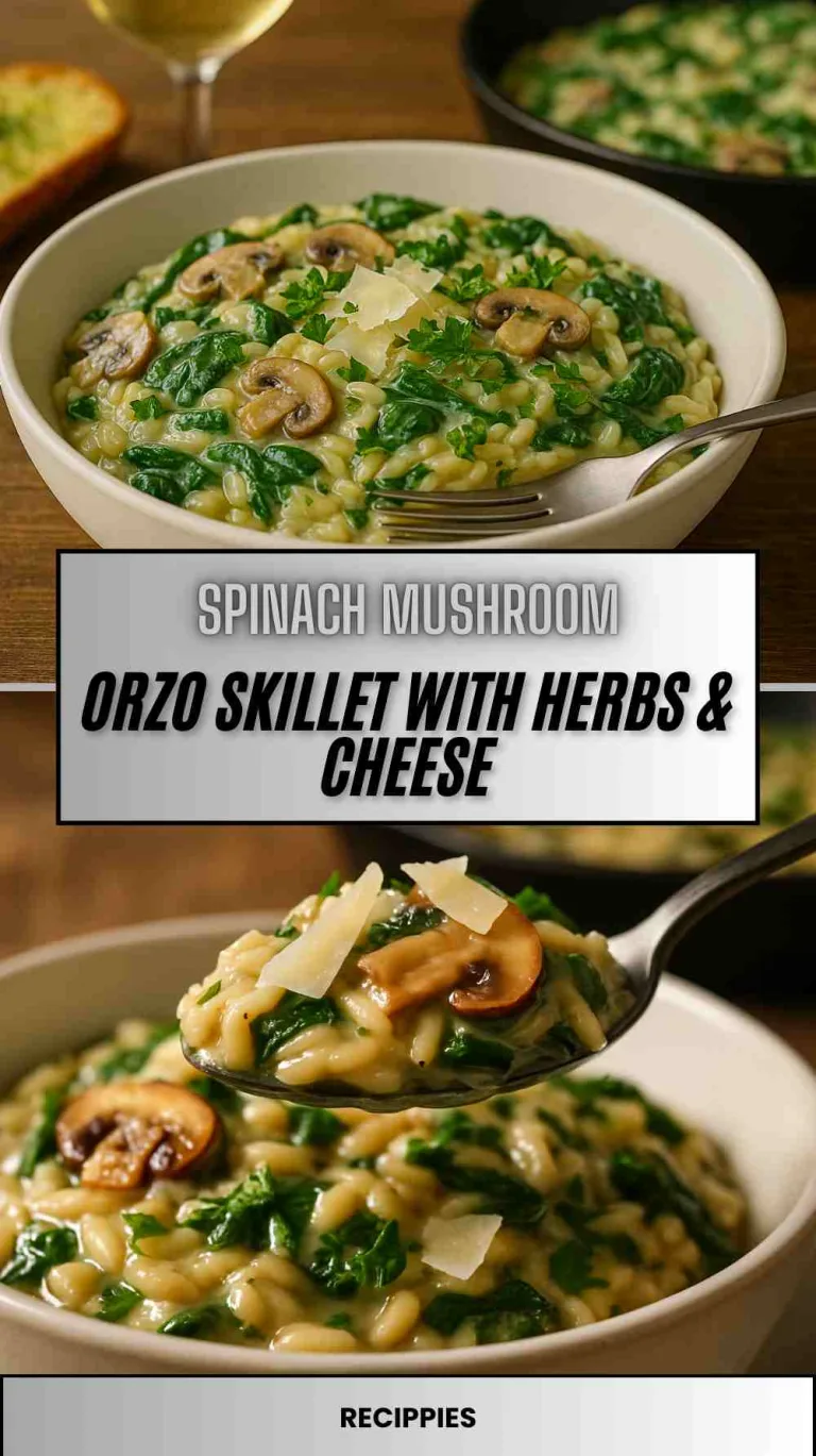Spinach Mushroom Orzo Skillet with Herbs & Cheese