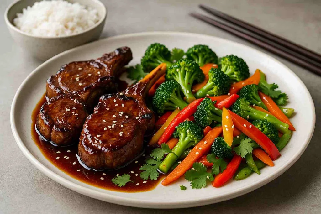 overview of Teriyaki Lamb Steaks with Stir-Fried Vegetables